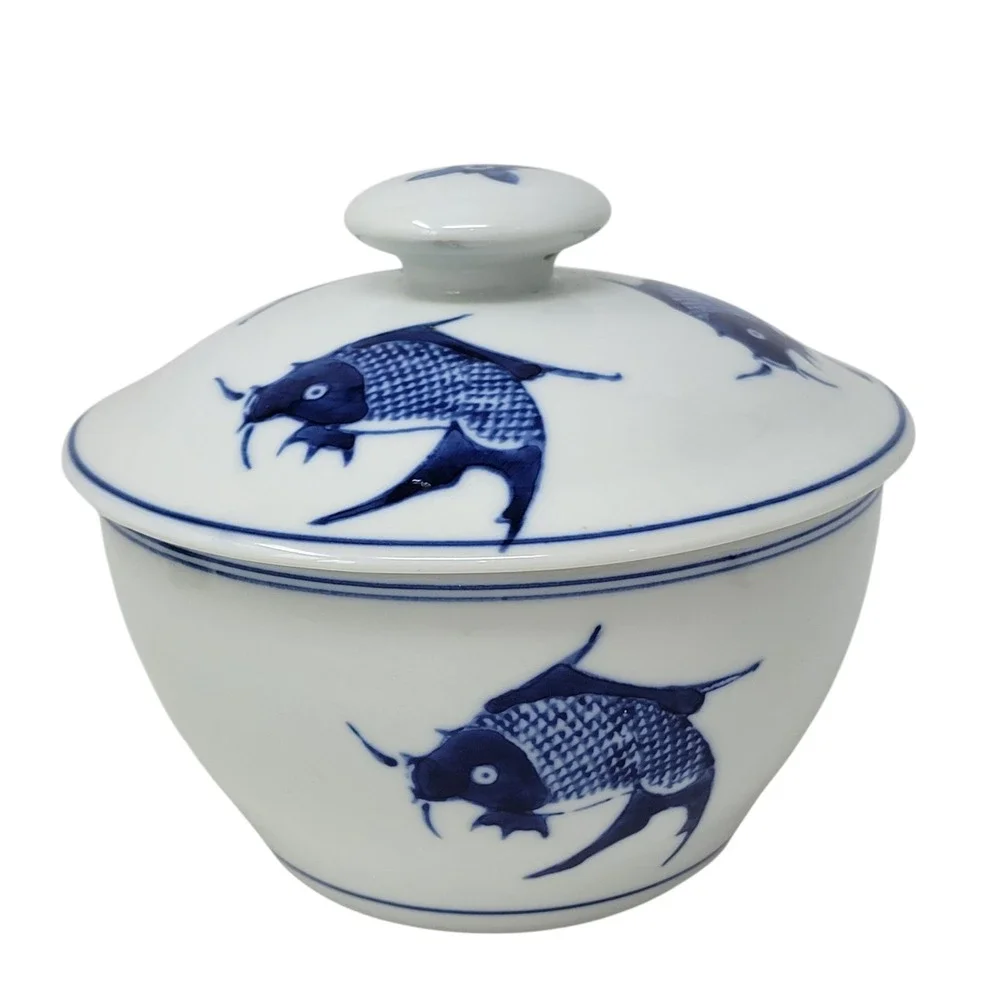 Vintage Chinese Blue & White Koi Fish Carp Soup Tureen Lid Serving Dish 6
